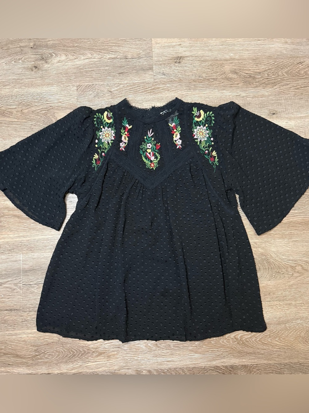 Sienna Sky Black Flutter Sleeve Boho Top with Floral Embroidery